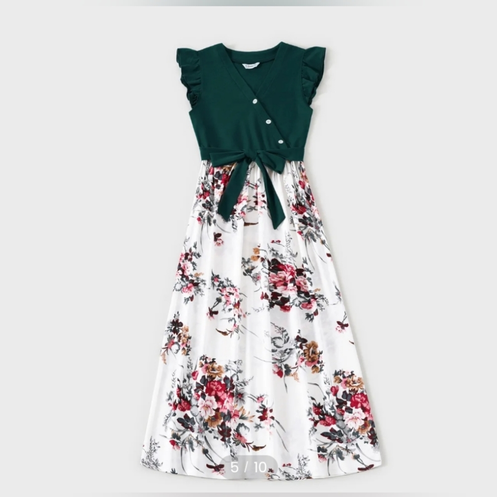 Women's Green and White Floral Printed Maxi Summer Dress with belt